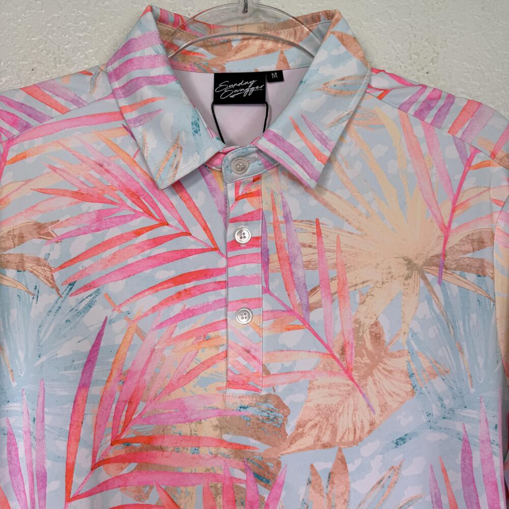 Sunday Swagger Polo Shirt Mens Medium Tropical Palm Aloha Graphic Print Golf NEW - Picture 5 of 9